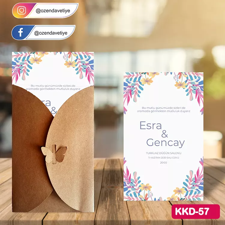 ozen-davetiye-Düğün Davetiyesi - Kelebekli Kraft Zarflı Davetiye Model No:57